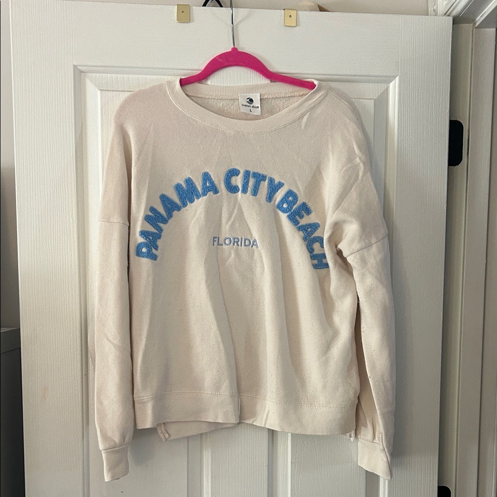 Cream Sweatshirt with Blue Text